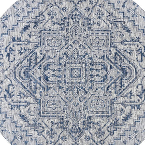 HomeRoots 6' Navy Blue & Gray Round Medallion Rug - Durable Indoor/Outdoor Area Rug for Stylish Living Spaces 703429