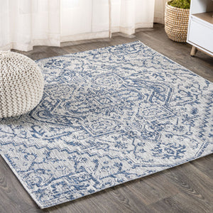 HomeRoots 6' Contemporary Navy Blue & Gray Square Medallion Rug for Indoor/Outdoor Spaces - Stylish & Durable 703430