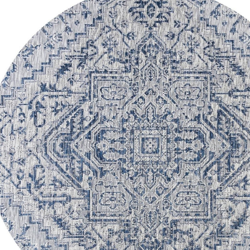 HomeRoots 8' Navy Blue and Gray Round Medallion Rug - Stylish, Durable, Easy-Clean Area Rug for Indoors/Outdoors 703431