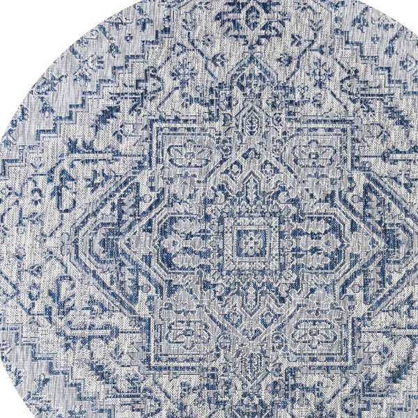 HomeRoots 8' Navy Blue and Gray Round Medallion Rug - Stylish, Durable, Easy-Clean Area Rug for Indoors/Outdoors 703431