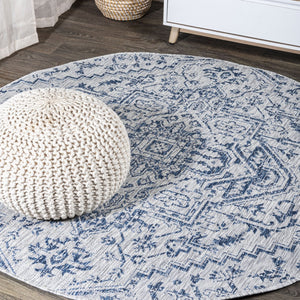 HomeRoots 8' Navy Blue and Gray Round Medallion Rug - Stylish, Durable, Easy-Clean Area Rug for Indoors/Outdoors 703431