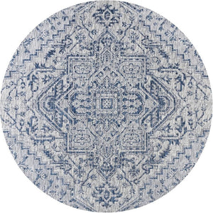 HomeRoots 9' Navy Blue and Gray Round Medallion Rug - Stylish, Durable, Indoor/Outdoor Design for Any Space 703433