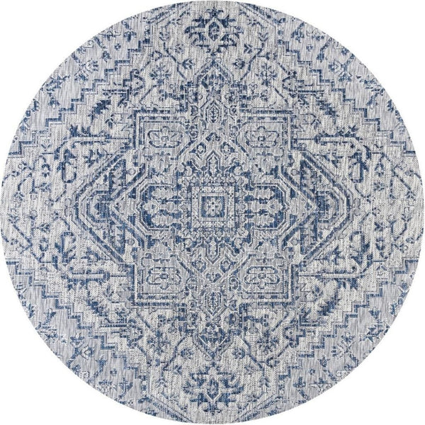 HomeRoots 9' Navy Blue and Gray Round Medallion Rug - Stylish, Durable, Indoor/Outdoor Design for Any Space 703433