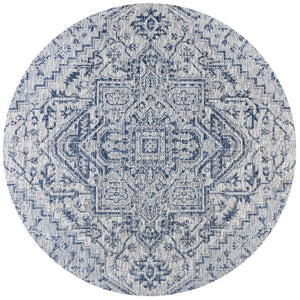 HomeRoots 9' Navy Blue and Gray Round Medallion Rug - Stylish, Durable, Indoor/Outdoor Design for Any Space 703433