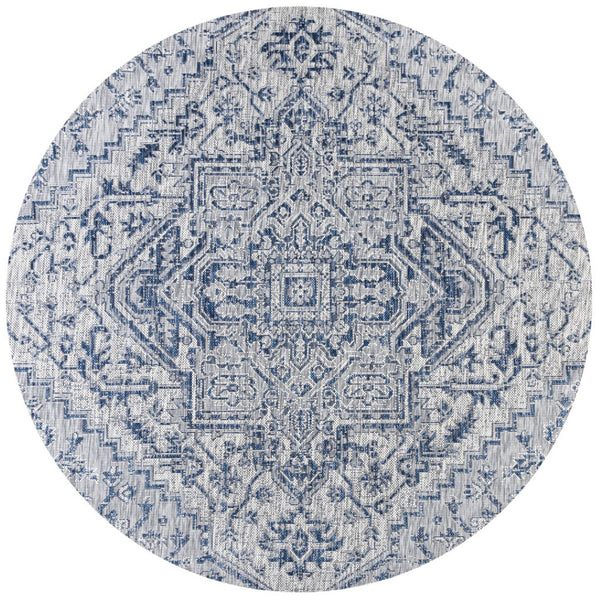 HomeRoots 9' Navy Blue and Gray Round Medallion Rug - Stylish, Durable, Indoor/Outdoor Design for Any Space 703433