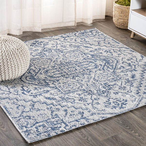 HomeRoots 9' Navy Blue and Gray Square Medallion Area Rug - Stylish, Durable Design for Indoor/Outdoor Spaces 703434