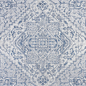 HomeRoots 9' Navy Blue and Gray Square Medallion Area Rug - Stylish, Durable Design for Indoor/Outdoor Spaces 703434