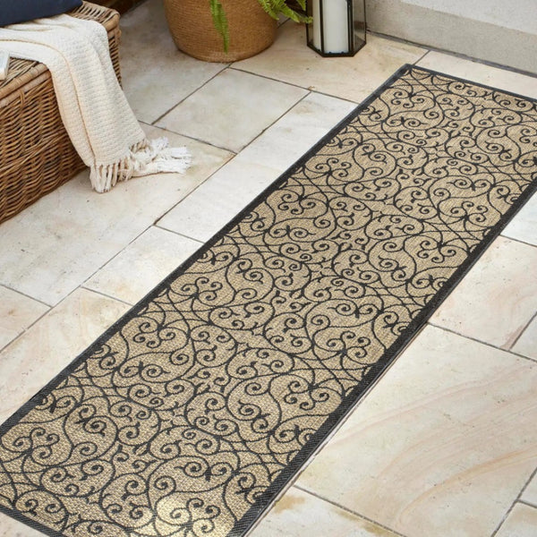 HomeRoots 20' Geometric Black and Khaki Indoor Outdoor Runner Rug – Durable, Stylish, Low-Maintenance Design! 703436