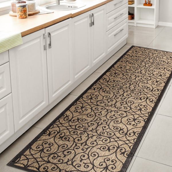 HomeRoots 20' Geometric Black and Khaki Indoor Outdoor Runner Rug – Durable, Stylish, Low-Maintenance Design! 703436