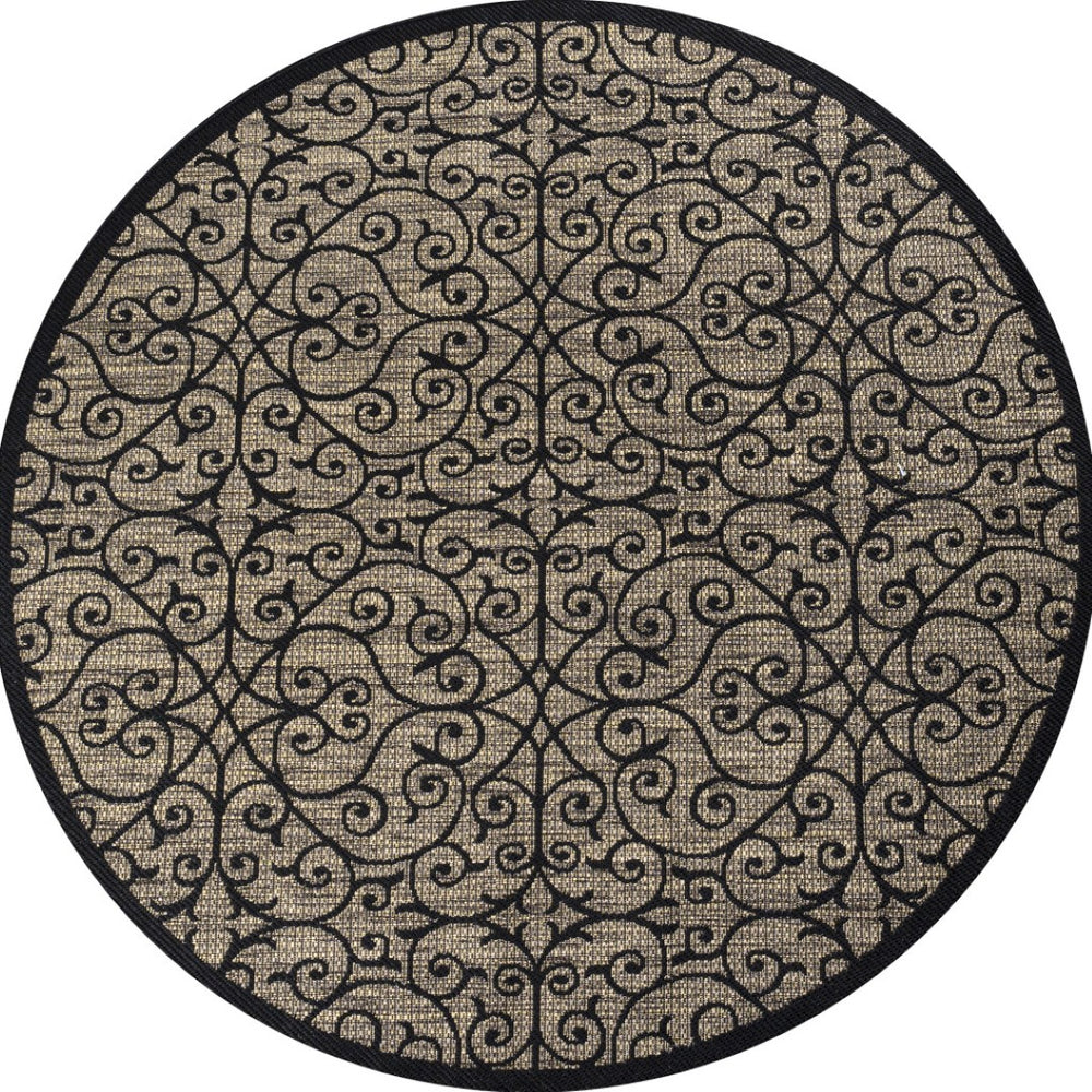 HomeRoots 8' Black And Khaki Geometric Round Area Rug - Stylish, Durable, Versatile for Indoor & Outdoor Use 703439