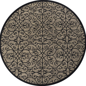 HomeRoots 9' Modern Round Black and Khaki Geometric Area Rug for Indoor/Outdoor Spaces - Durable & Stylish! 703441