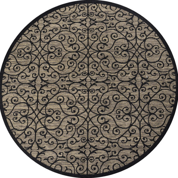 HomeRoots 9' Modern Round Black and Khaki Geometric Area Rug for Indoor/Outdoor Spaces - Durable & Stylish! 703441