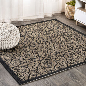 HomeRoots 9' Black and Khaki Geometric Square Area Rug - Durable Indoor/Outdoor Design for Modern Spaces 703442