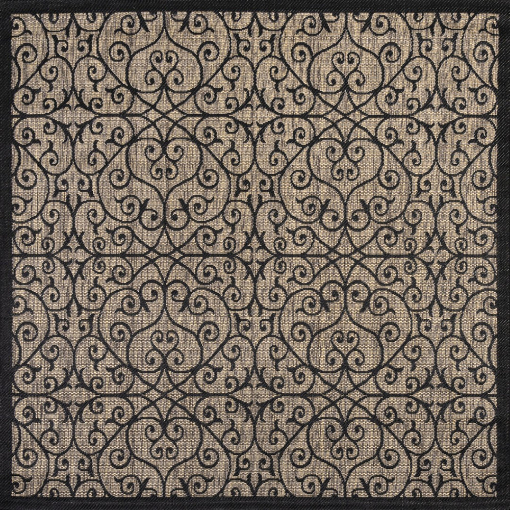HomeRoots 9' Black and Khaki Geometric Square Area Rug - Durable Indoor/Outdoor Design for Modern Spaces 703442