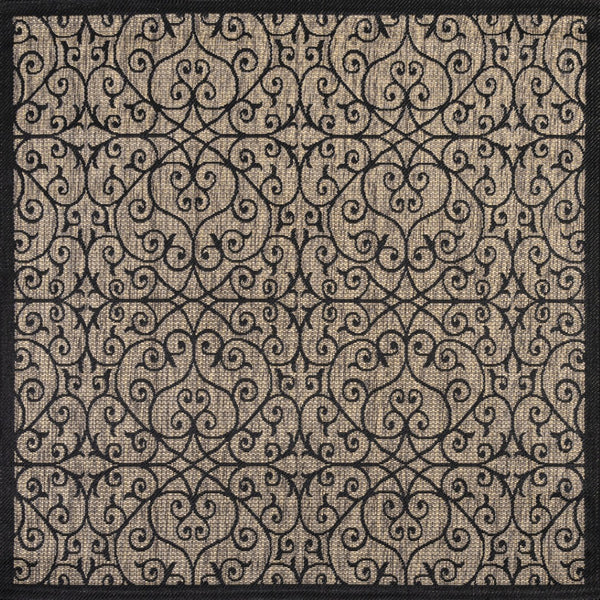 HomeRoots 9' Black and Khaki Geometric Square Area Rug - Durable Indoor/Outdoor Design for Modern Spaces 703442