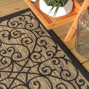HomeRoots 9' Black and Khaki Geometric Square Area Rug - Durable Indoor/Outdoor Design for Modern Spaces 703442