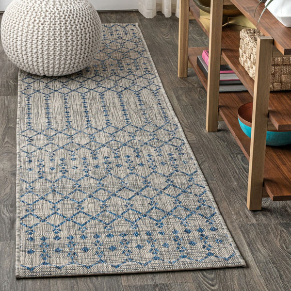 HomeRoots 20' Light Gray & Navy Trellis Indoor Outdoor Runner Rug - Durable, Stylish, and Easy to Maintain! 703444