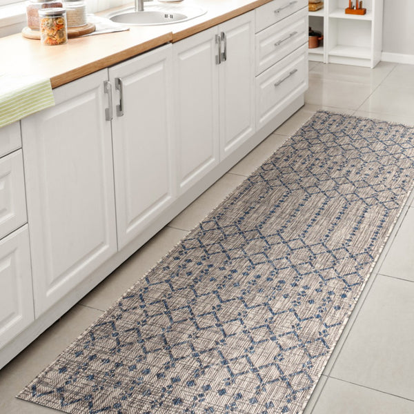 HomeRoots 20' Light Gray & Navy Trellis Indoor Outdoor Runner Rug - Durable, Stylish, and Easy to Maintain! 703444