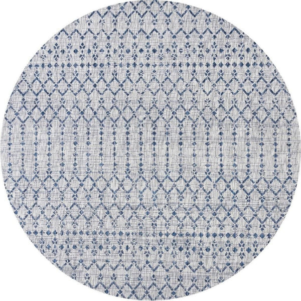 HomeRoots 6' Light Gray & Navy Round Trellis Rug - Modern Indoor/Outdoor Area Accent for Patios & Kitchens 703447
