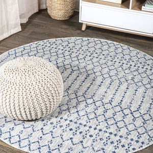 HomeRoots 6' Light Gray & Navy Round Trellis Rug - Modern Indoor/Outdoor Area Accent for Patios & Kitchens 703447