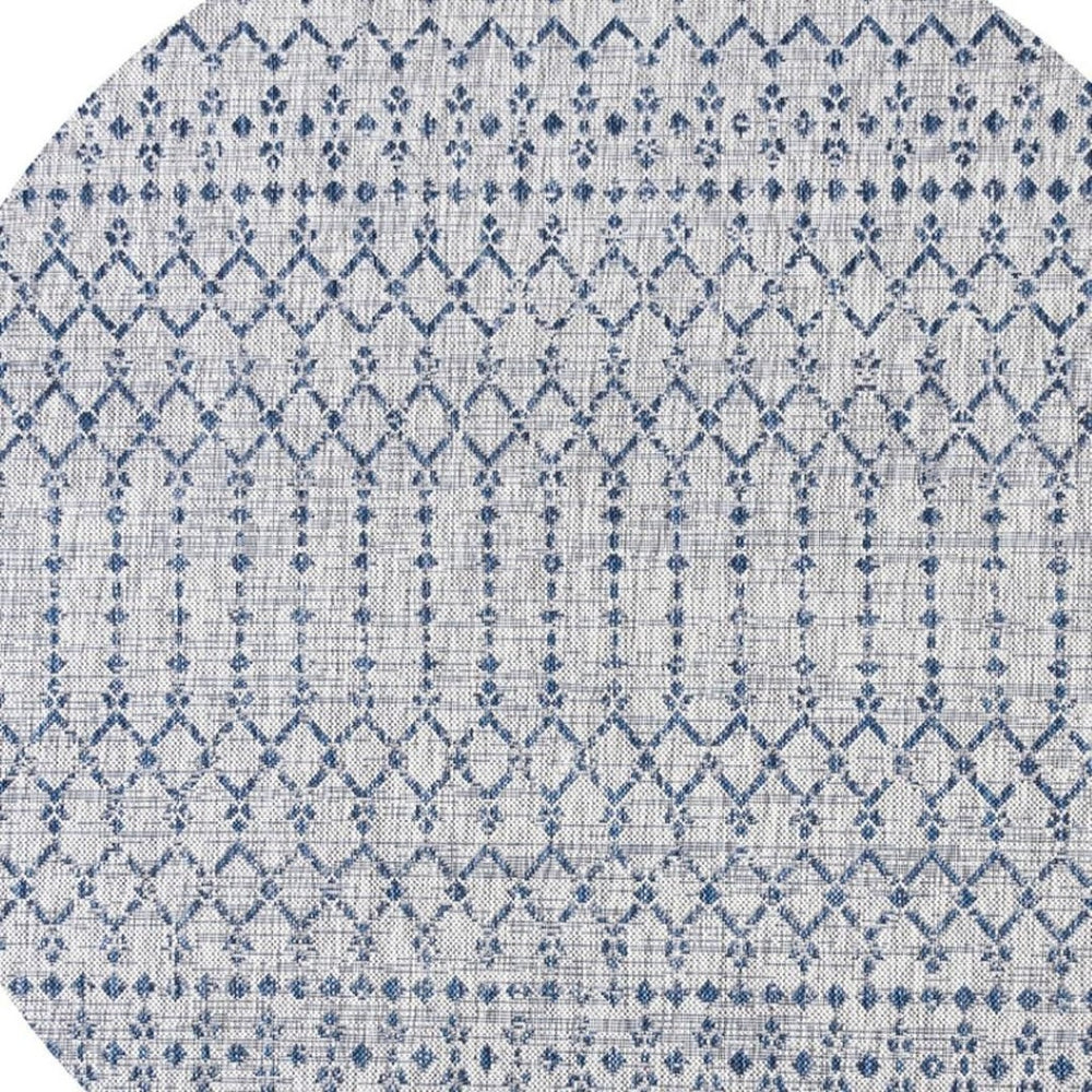 HomeRoots 8' Elegant Light Gray & Navy Blue Round Trellis Area Rug for Indoor/Outdoor Spaces - Durable & Stylish 703449