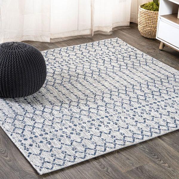 HomeRoots 8' Light Gray & Navy Blue Square Trellis Rug - Stylish Indoor/Outdoor Design, Durable & Easy Care! 703450