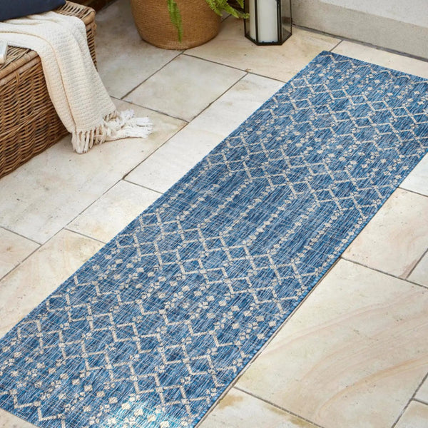 HomeRoots 20' Navy Blue Trellis Runner Rug - Durable Indoor/Outdoor Design for High-Traffic Areas & Easy Care 703454