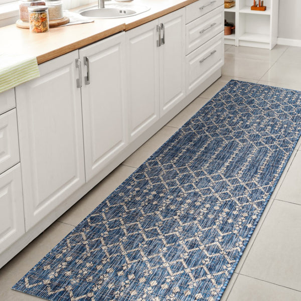 HomeRoots 20' Navy Blue Trellis Runner Rug - Durable Indoor/Outdoor Design for High-Traffic Areas & Easy Care 703454