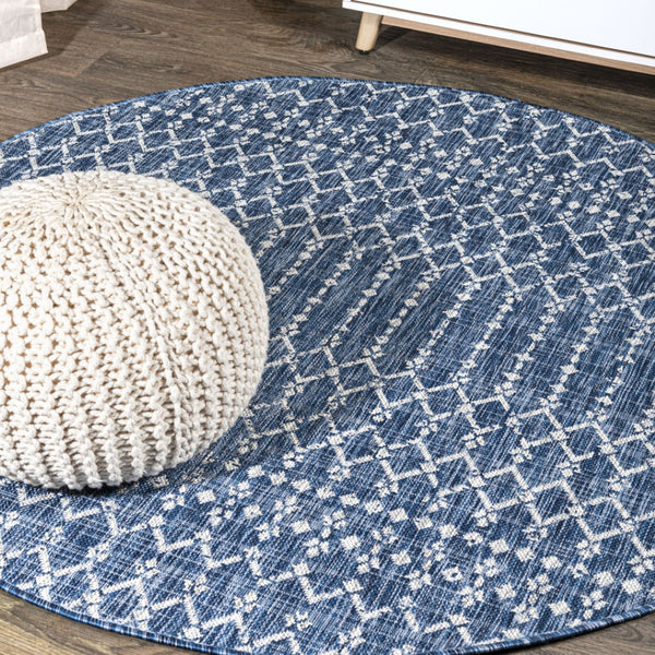 HomeRoots 6' Navy Blue & Light Gray Round Trellis Area Rug - Durable Indoor/Outdoor Design for Modern Spaces 703457