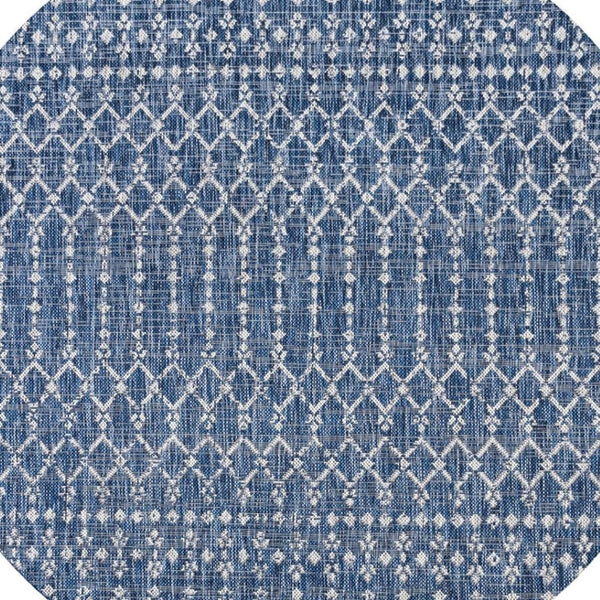 HomeRoots 8' Navy Blue and Light Gray Round Trellis Area Rug - Durable, Stylish Design for Indoor & Outdoor Use 703459