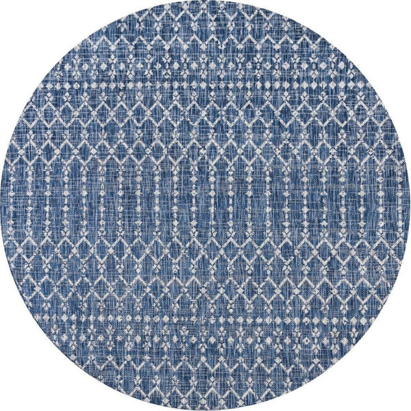 HomeRoots 8' Navy Blue and Light Gray Round Trellis Area Rug - Durable, Stylish Design for Indoor & Outdoor Use 703459