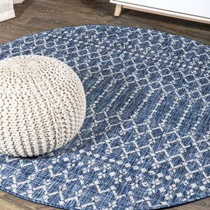 HomeRoots 8' Navy Blue and Light Gray Round Trellis Area Rug - Durable, Stylish Design for Indoor & Outdoor Use 703459