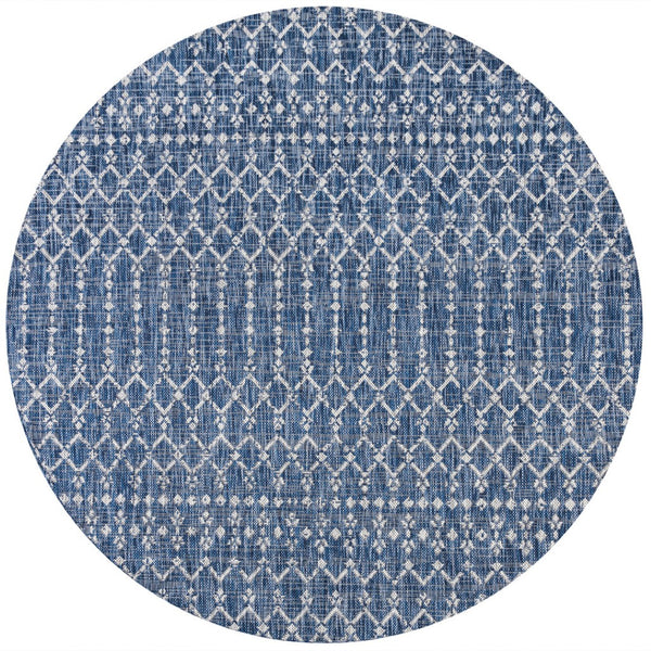 HomeRoots 8' Navy Blue and Light Gray Round Trellis Area Rug - Durable, Stylish Design for Indoor & Outdoor Use 703459