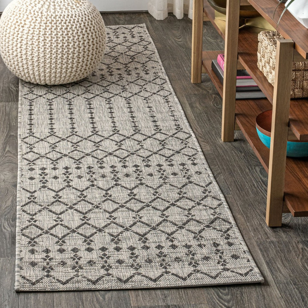 HomeRoots 20' Light Gray and Black Trellis Indoor-Outdoor Runner Rug for Stylish, Durable High-Traffic Areas 703474