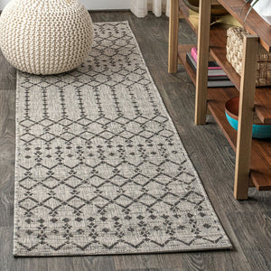 HomeRoots 20' Light Gray and Black Trellis Indoor-Outdoor Runner Rug for Stylish, Durable High-Traffic Areas 703474
