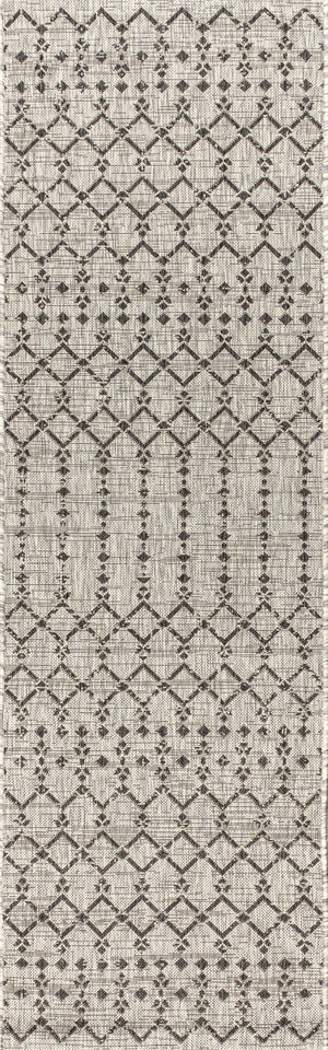 HomeRoots 20' Light Gray and Black Trellis Indoor-Outdoor Runner Rug for Stylish, Durable High-Traffic Areas 703474
