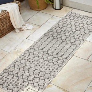 HomeRoots 20' Light Gray and Black Trellis Indoor-Outdoor Runner Rug for Stylish, Durable High-Traffic Areas 703474