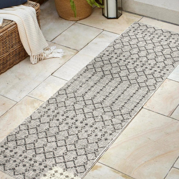 HomeRoots 20' Light Gray and Black Trellis Indoor-Outdoor Runner Rug for Stylish, Durable High-Traffic Areas 703474