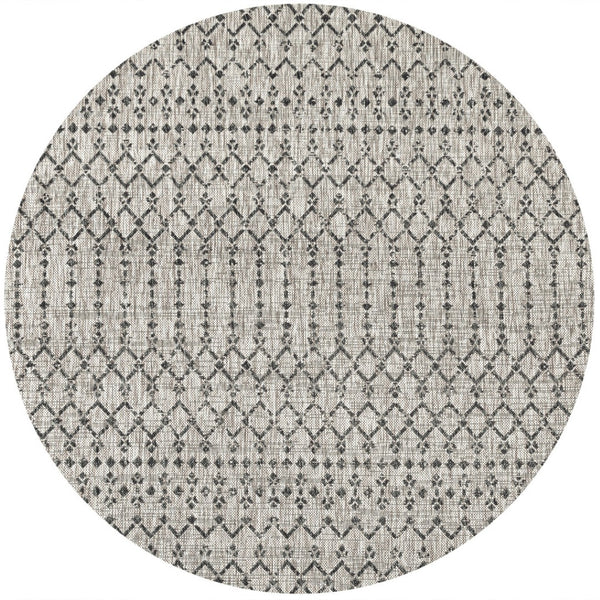 HomeRoots 8' Light Gray & Black Round Trellis Area Rug – Modern, Durable, Easy-Care Design for Indoor/Outdoor Use 703479