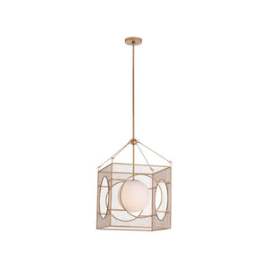 Chelsea House Globe Antique Brass Lantern Chandelier With White Glass Globe In Geometric Square Frame, 28"H 70348