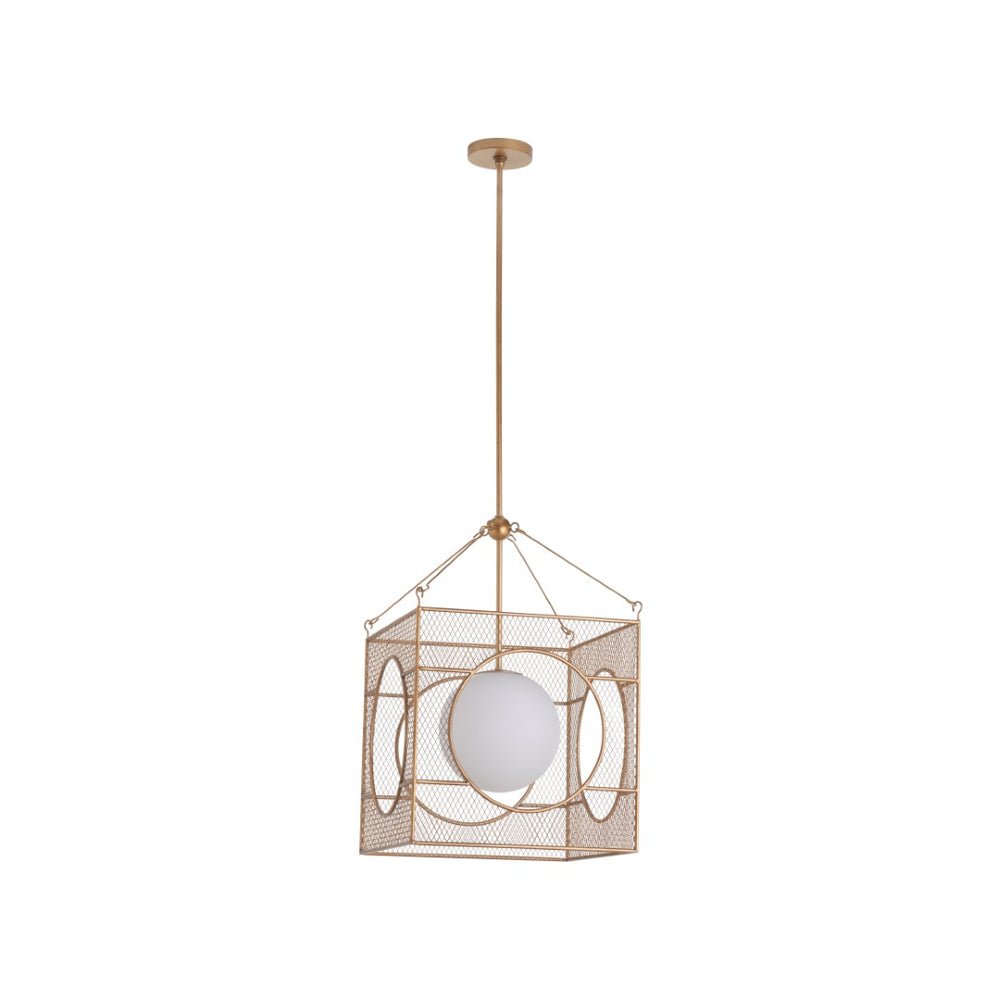 Chelsea House Globe Antique Brass Lantern Chandelier With White Glass Globe In Geometric Square Frame, 28"H 70348