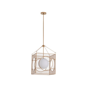 Chelsea House Globe Antique Brass Lantern Chandelier With White Glass Globe In Geometric Square Frame, 28"H 70348