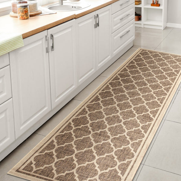 HomeRoots 20' Brown and Beige Geometric Indoor Outdoor Runner Rug - Stylish, Durable, Easy-Clean Design for Any Space 703484
