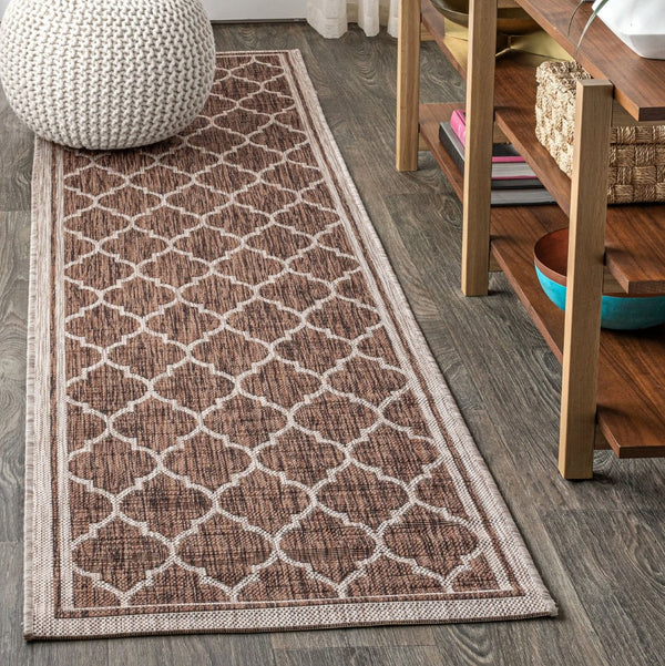 HomeRoots 20' Stylish Espresso and Taupe Geometric Runner Rug for Indoor/Outdoor High-Traffic Areas, Easy Care 703494