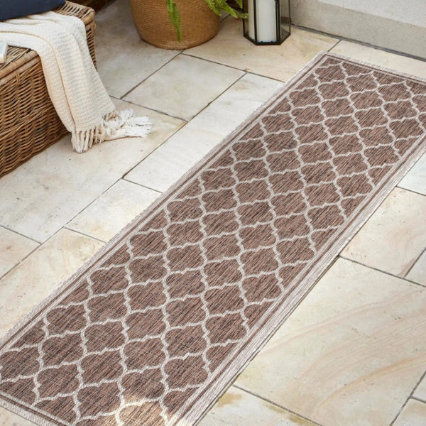 HomeRoots 20' Stylish Espresso and Taupe Geometric Runner Rug for Indoor/Outdoor High-Traffic Areas, Easy Care 703494