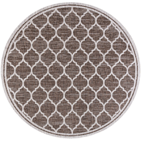 HomeRoots 8' Espresso And Taupe Round Geometric Indoor/Outdoor Area Rug - Stylish, Durable, Versatile Design for Any Space 703499