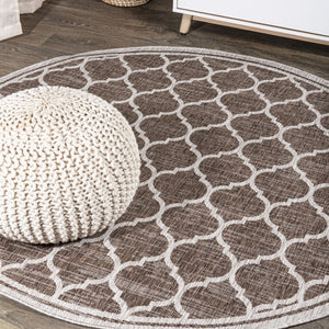 HomeRoots 8' Espresso And Taupe Round Geometric Indoor/Outdoor Area Rug - Stylish, Durable, Versatile Design for Any Space 703499
