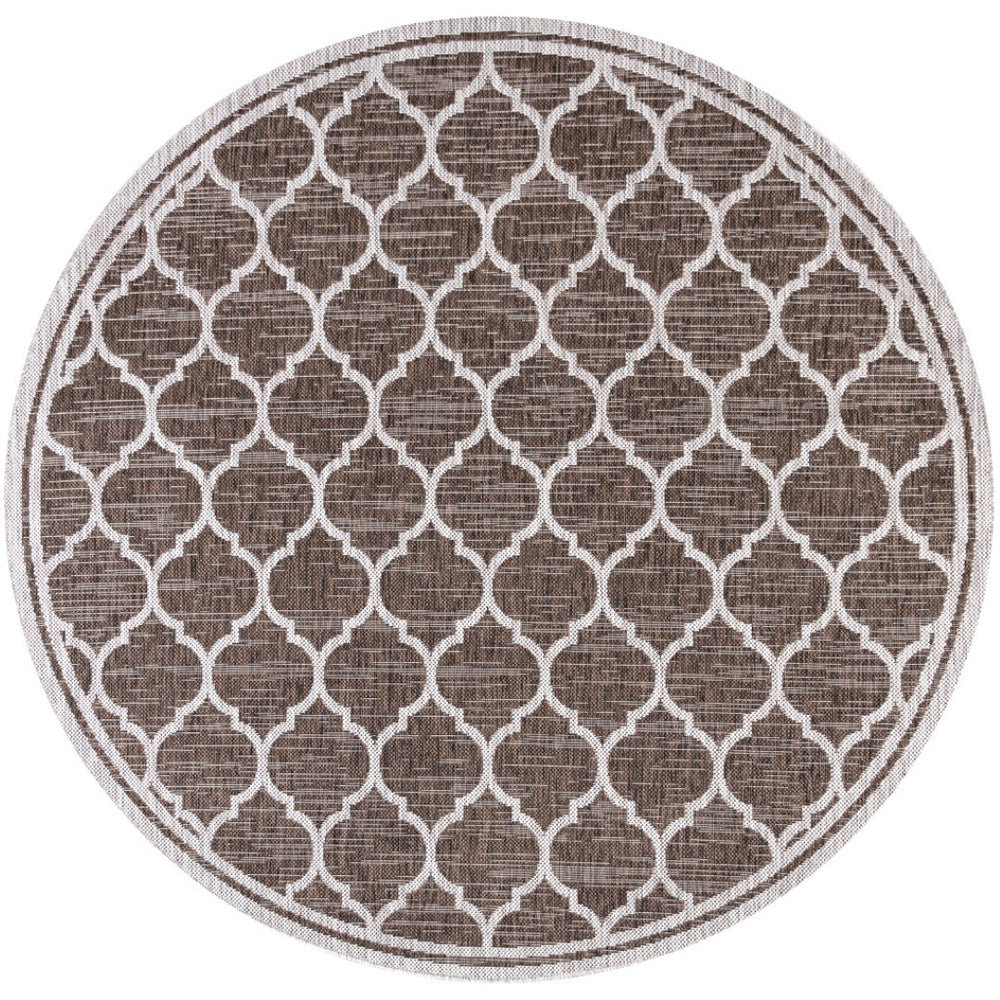 HomeRoots 8' Espresso And Taupe Round Geometric Indoor/Outdoor Area Rug - Stylish, Durable, Versatile Design for Any Space 703499