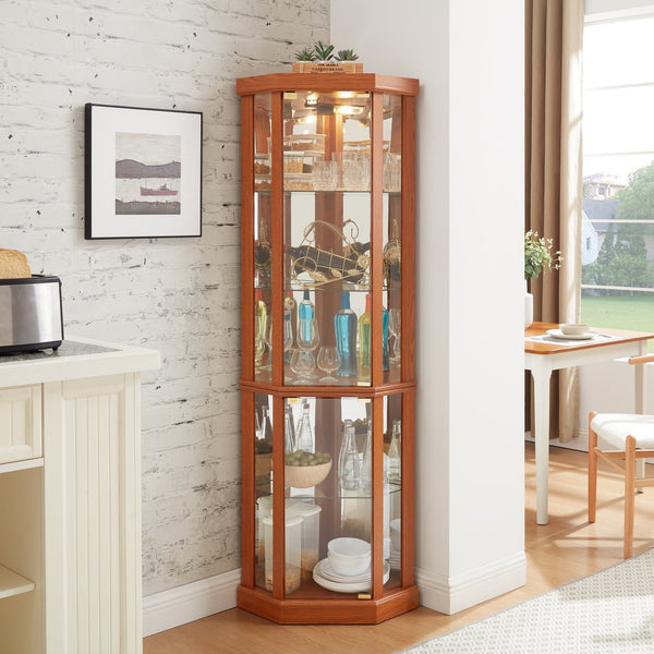 English Elm Lighted Corner Curio Cabinet - Stylish Dark Oak Display Case With Adjustable Shelves & Built-In Lighting W1758P300103