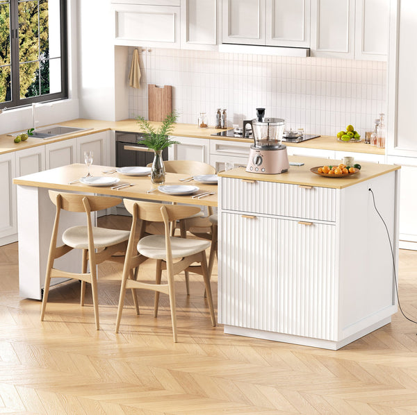 English Elm K&K Fluted Kitchen Island with Extendable Dining Table, Art Deco Mid-Century Design, Built-In Power Hub, Gold Handle White N707S000018W